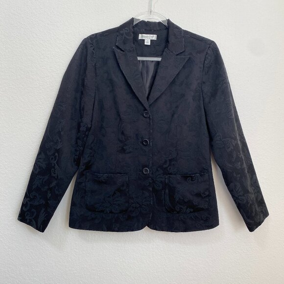 Coldwater Creek Black Floral Jacquard Three Button Blazer Medium Lined - Picture 1 of 9